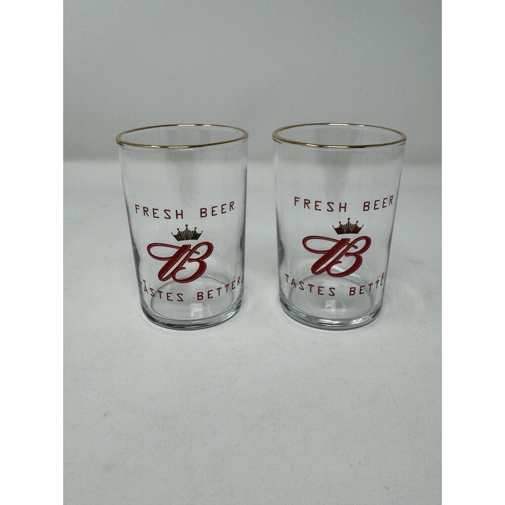 2 Budweiser Beer Tasting Glass Fresh Beer Tastes Better 6oz Gold Trim Vintage